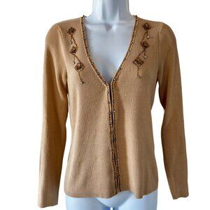 Belldini Beige Ribbed Knit Cardigan with Rhinestone Beaded Embellishments Size S
